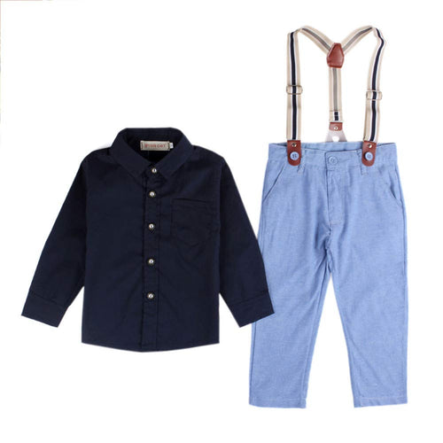 Conjunto de Ropa - Camisa Azul Marino y Pantalones de Tirantes - Manga Larga - para niño pequeño